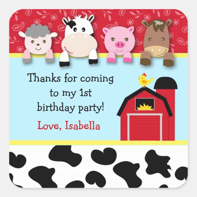 Barnyard animals Birthday Party favour labels (Front)
