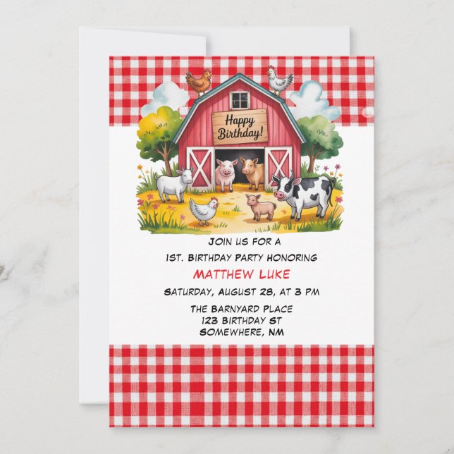 Barnyard Animals Boy 1st. Birthday Party Invitation (Front)