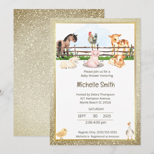 Barnyard Animals Gold Glitter Baby Shower   Invitation (Front/Back)