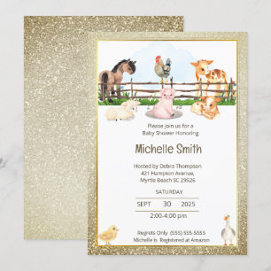 Barnyard Animals Gold Glitter Baby Shower   Invitation