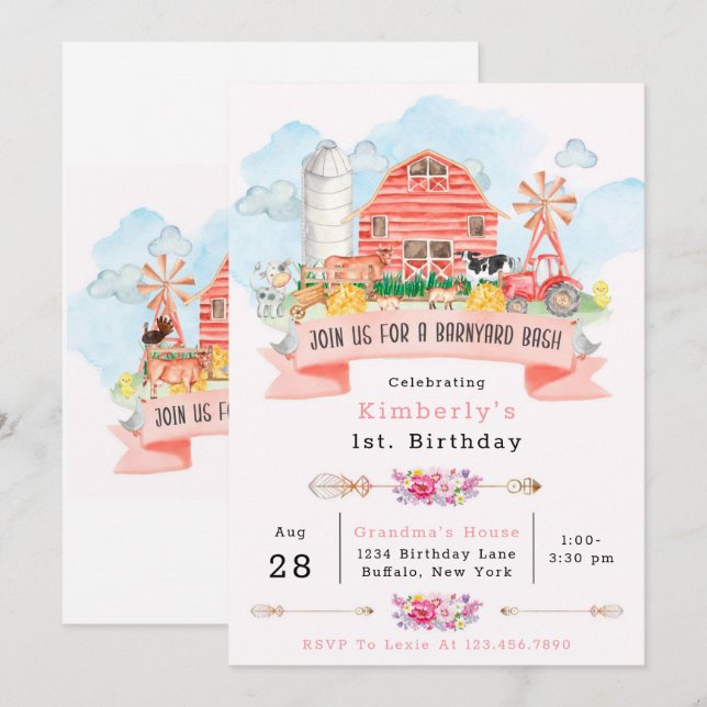 Barnyard Bash Farm Animals 1st. Birthday Party Inv Invitation (Front/Back)