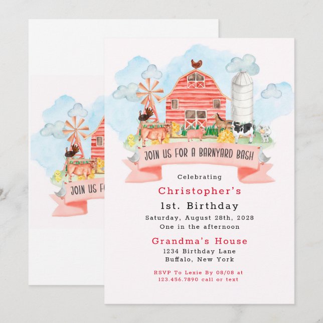 Barnyard Bash Farm Animals 1st Birthday Party Invitation (Front/Back)
