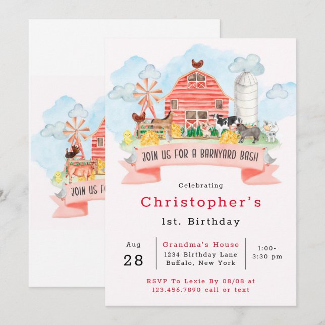 Barnyard Bash Farm Animals 1st. Birthday Party Invitation (Front/Back)