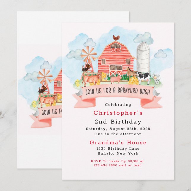 Barnyard Bash Farm Animals 2nd Birthday Party Invitation (Front/Back)