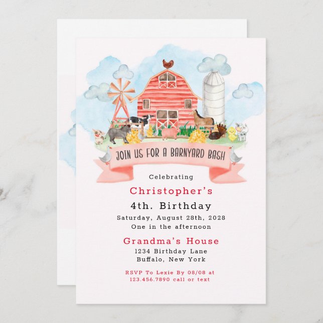Barnyard Bash Farm Animals 4th Birthday Party  Invitation (Front/Back)