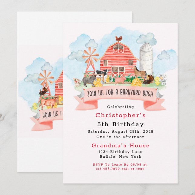 Barnyard Bash Farm Animals 5th Birthday Party Invitation (Front/Back)