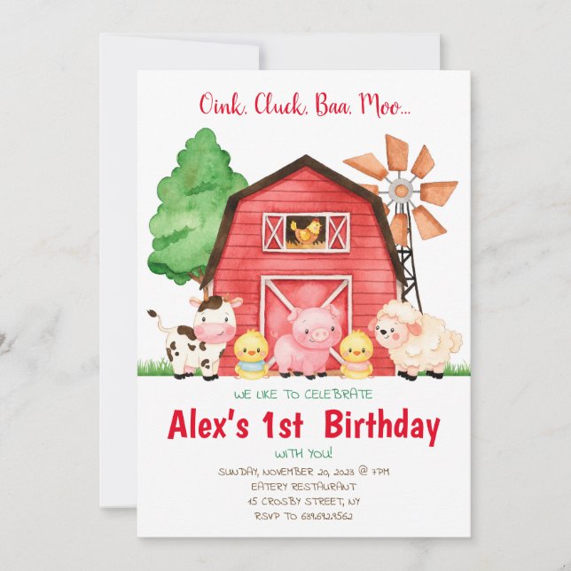 Barnyard Birthday Bash Watercolor Country Farm Invitation (Front)