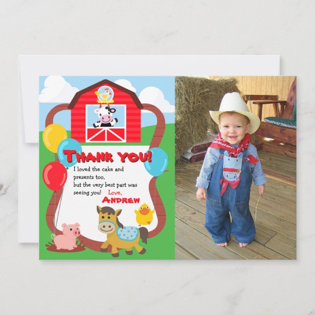 Barnyard Birthday Farm Animal Thank You with Photo Card (Front)