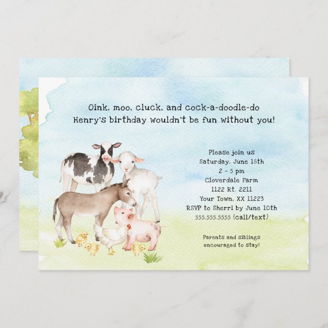 Barnyard birthday party invitation, baby animals invitation (Front/Back)