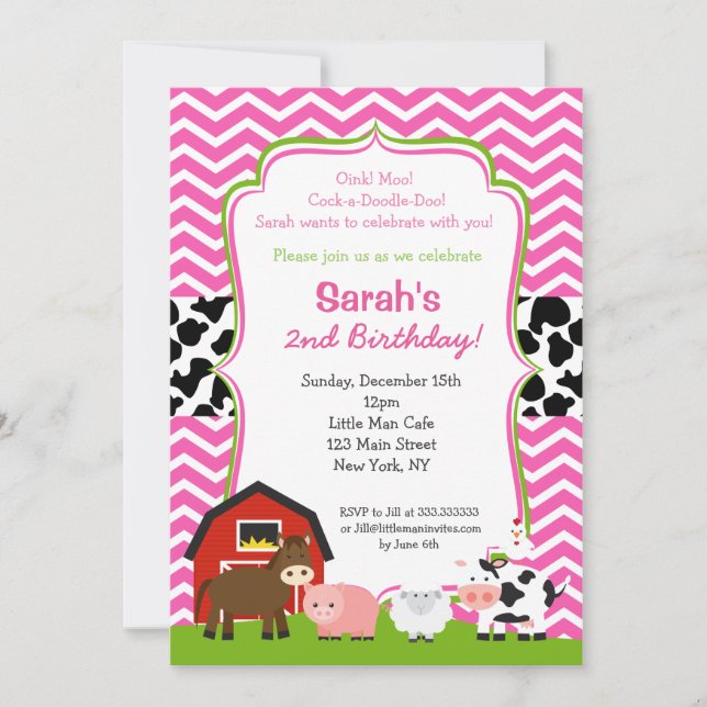 Barnyard Birthday Party Invitations for Girl (Front)