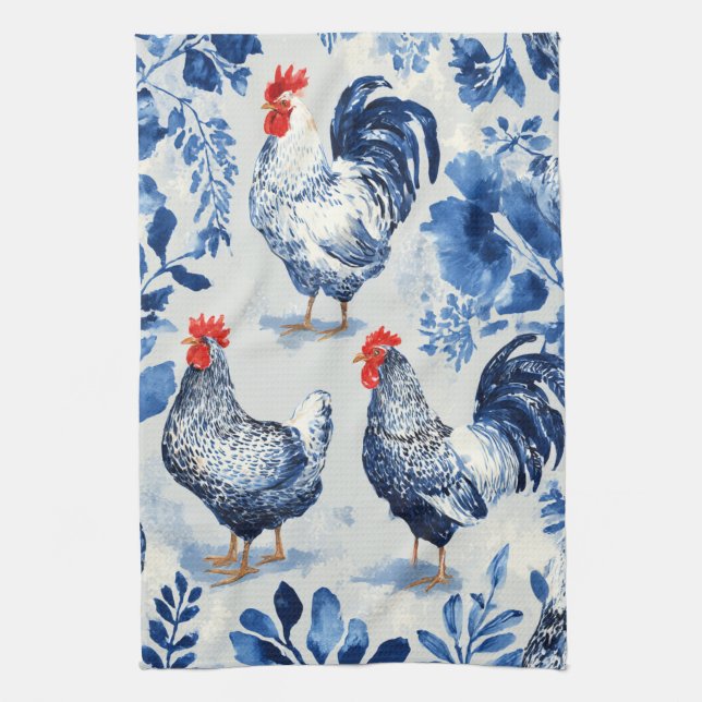 Barnyard Chickens and Botanical Pattern Design Tea Towel (Vertical)