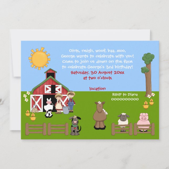 Barnyard farm animal kids birthday invitation (Front)