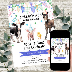 Barnyard Farm Animals 4th Birthday Invitation