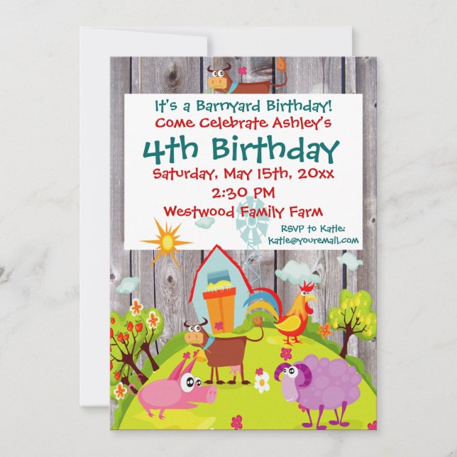 Barnyard Farm Animals Barnwood Birthday Invitation (Front)