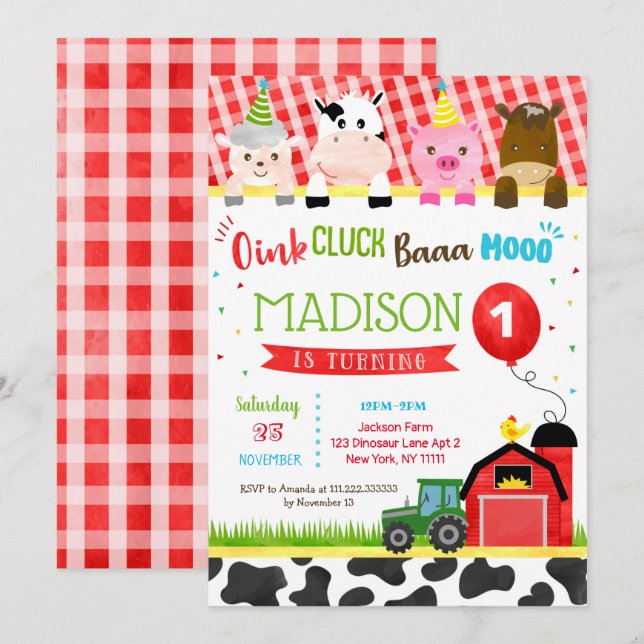 Barnyard Farm Animals Birthday Party Invitations (Front/Back)