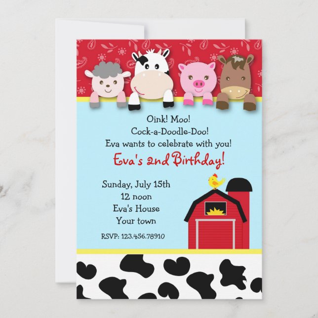 Barnyard farm animals Birthday Party invitations (Front)