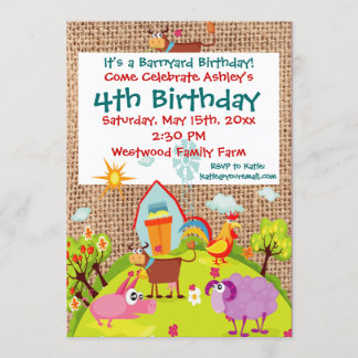 Barnyard Farm Animals Burlap Birthday Invitations