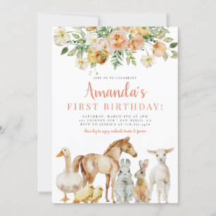 Barnyard Farm Animals Girl Floral Peach Birthday Invitation