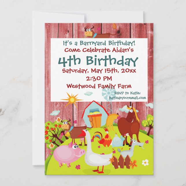 Barnyard Farm Animals Red Wood Birthday Invitation (Front)