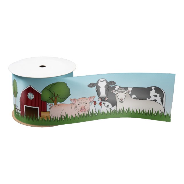 Barnyard Farm Animals With Red Barn And Blue Sky Satin Ribbon (Spool)