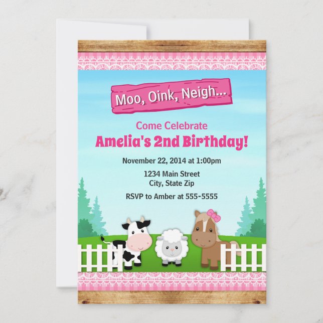 Barnyard Farm Birthday Girl Invitation Pink (Front)