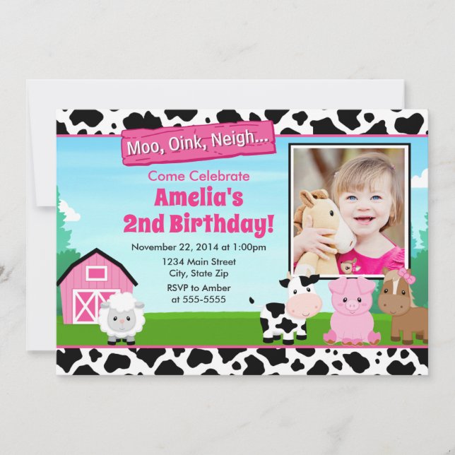 Barnyard Farm Birthday Girl Invitation Pink (Front)