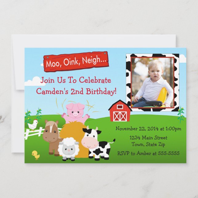 Barnyard Farm Birthday Invitation 5x7 Photo Card (Front)
