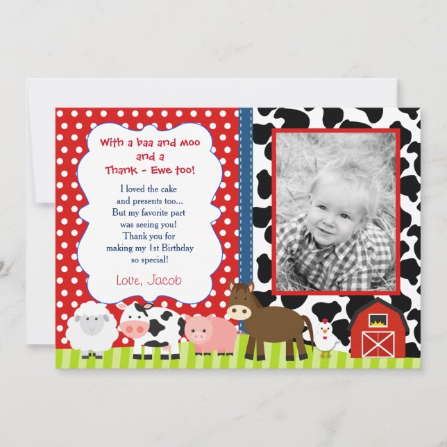 Barnyard Farm Birthday Thank You Note Cards (Front)
