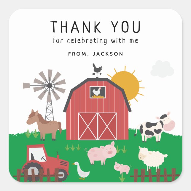 Barnyard Farm Theme Birthday Thank You Square Sticker (Front)