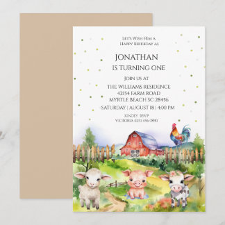 Barnyard Farm Theme Boys 1st Birthday Party Invitation