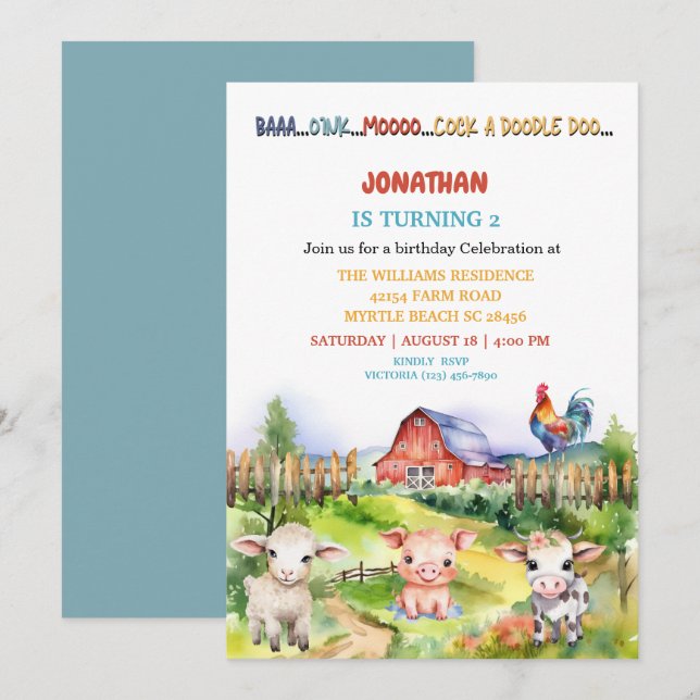 Barnyard Farm Theme Boys 2nd Birthday Party Invitation (Front/Back)
