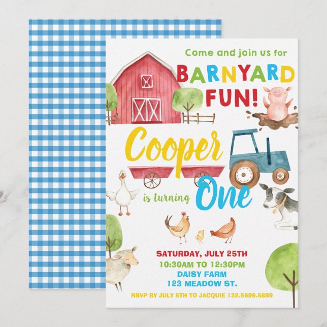 Barnyard Fun 1st Birthday Party Farm Animals Blue Invitation (Front/Back)