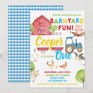 Barnyard Fun 1st Birthday Party Farm Animals Blue Invitation