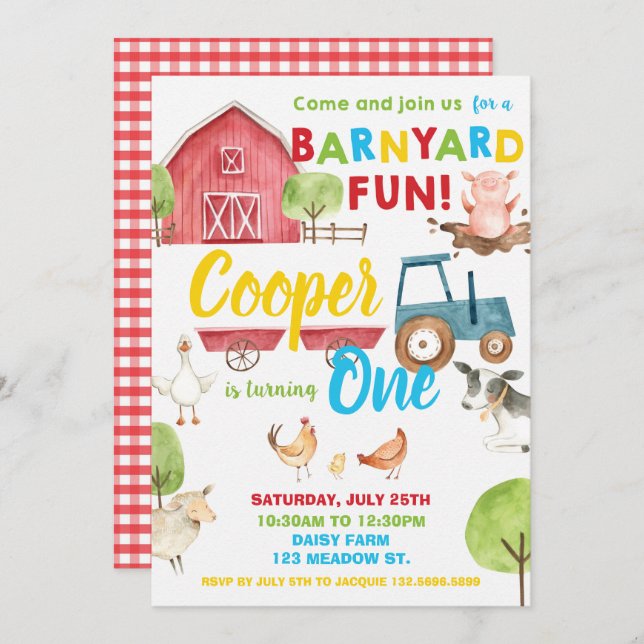 Barnyard Fun 1st Birthday Party Farm Animals Invitation (Front/Back)