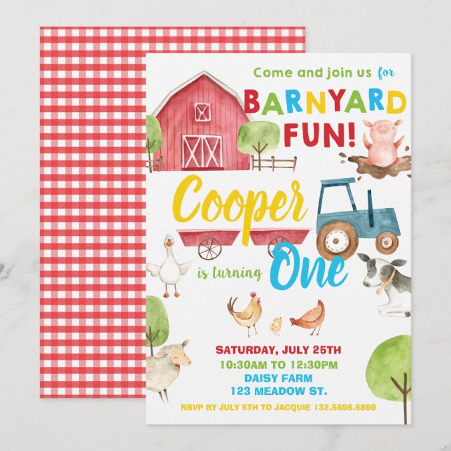 Barnyard Fun 1st Birthday Party Farm Animals Invitation (Front/Back)