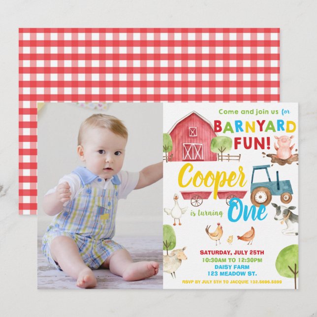 Barnyard Fun 1st Birthday Party Farm Animals Photo Invitation (Front/Back)
