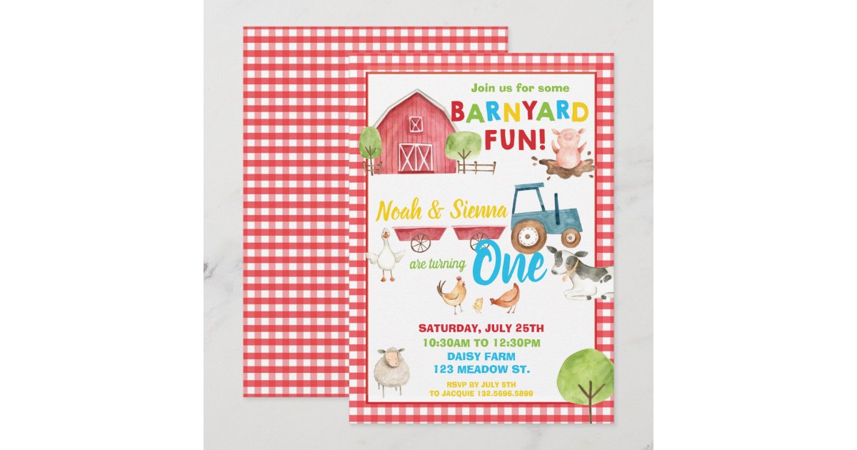 Barnyard Fun 1st Birthday Party Farm Animals Twins Invitation | Zazzle