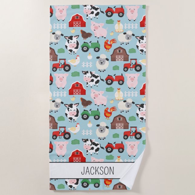 Barnyard Pattern Farm Animal Cute Kids Beach Towel (Front)