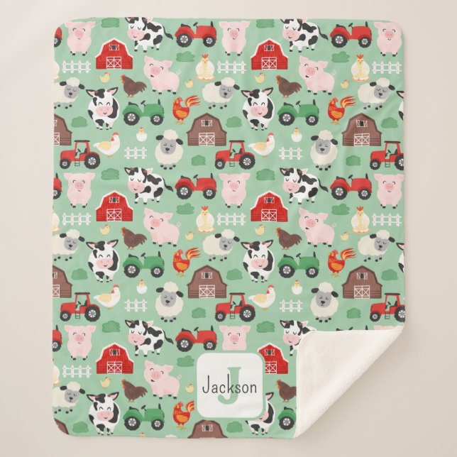 Barnyard Pattern Farm Animal Cute Kids Sherpa Blanket (Front)
