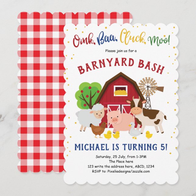 Barnyard, Petting Zoo, Farm Animals, Birthday Invitation (Front/Back)
