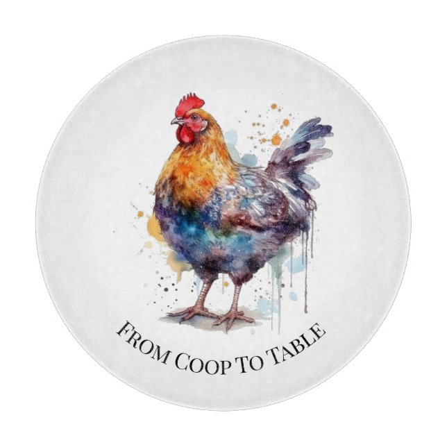 Barnyard Splendour: Watercolor Hen, custom Cutting Board (Front)