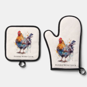 Barnyard Splendour: Watercolor Hen, custom Oven Mitt & Pot Holder Set