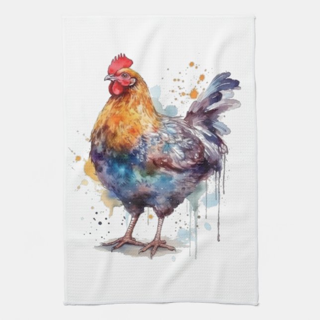 Barnyard Splendour: Watercolor Hen Tea Towel (Vertical)
