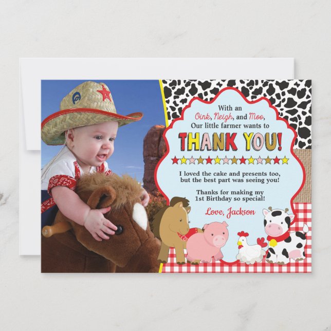 Barnyard Thank You Card with Photo | Farm Birthday (Front)