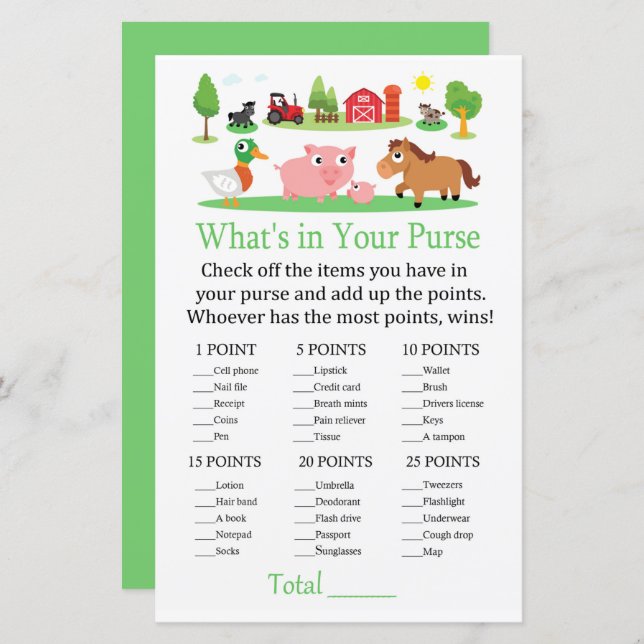 Barnyard What's in your purse game (Front/Back)