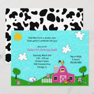 Barnyard Whimsy Pink Barn Animals Cow Print Farm  Invitation