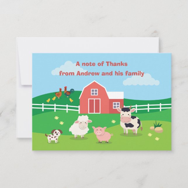 Barnyard with Animals Birthday Party Thank You Car Card (Front)