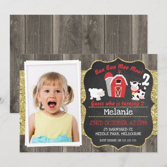 Barnyard Wood Chalkboard Photo Birthday Invitation (Front/Back)