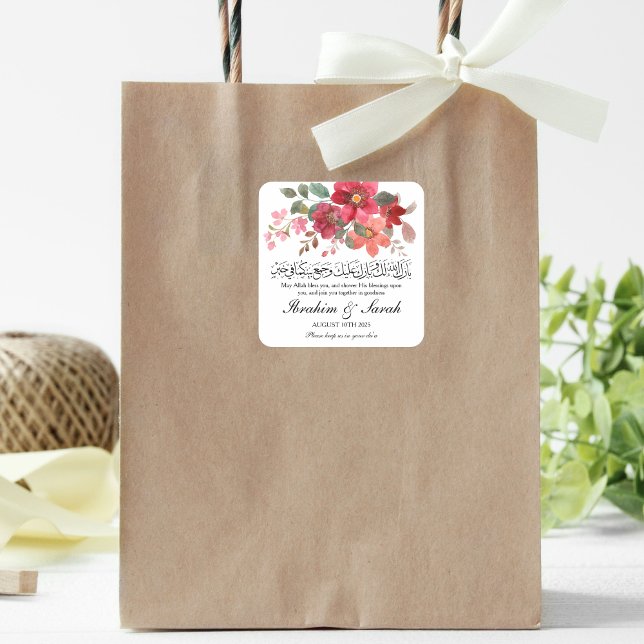 Barokallahu nikah muslim wedding red rose square sticker (Creator Uploaded)