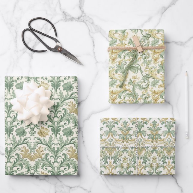 Baroque Acanthus Leaf and Floral Pattern Wrapping Paper Sheet (Front)